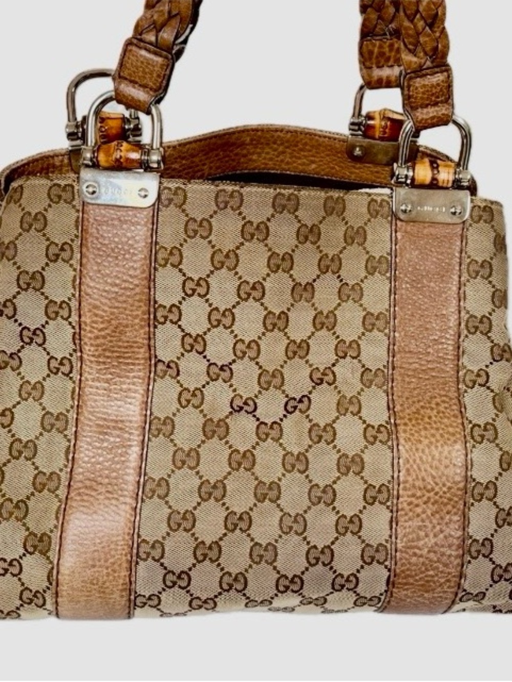 Auth GUCCI Bamboo GG Canvas Tote Bag Beige Brown Leather 232947 Used